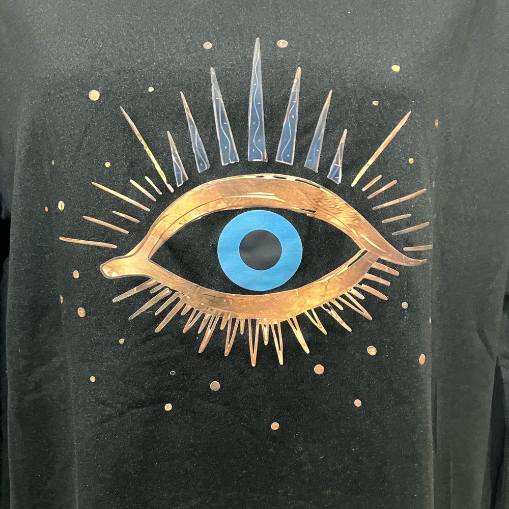 Ladies NWT  size M.  95pct polyester long sleeve hooded “ EVIL EYE “ shirt - Picture 2 of 9